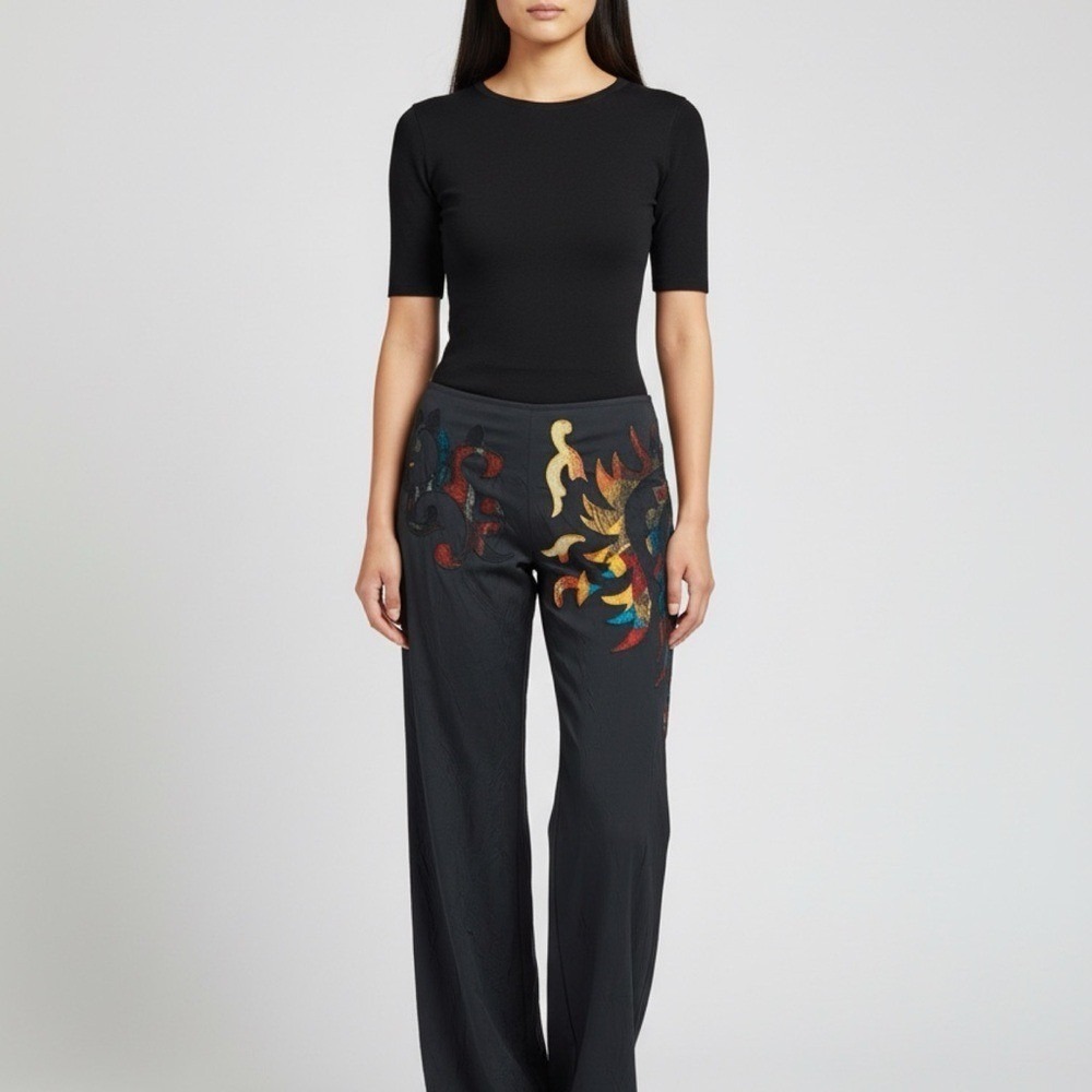 Y2K Legatte Save the Queen Designer Black Wide Leg Patchwork Pants Italy I NWT